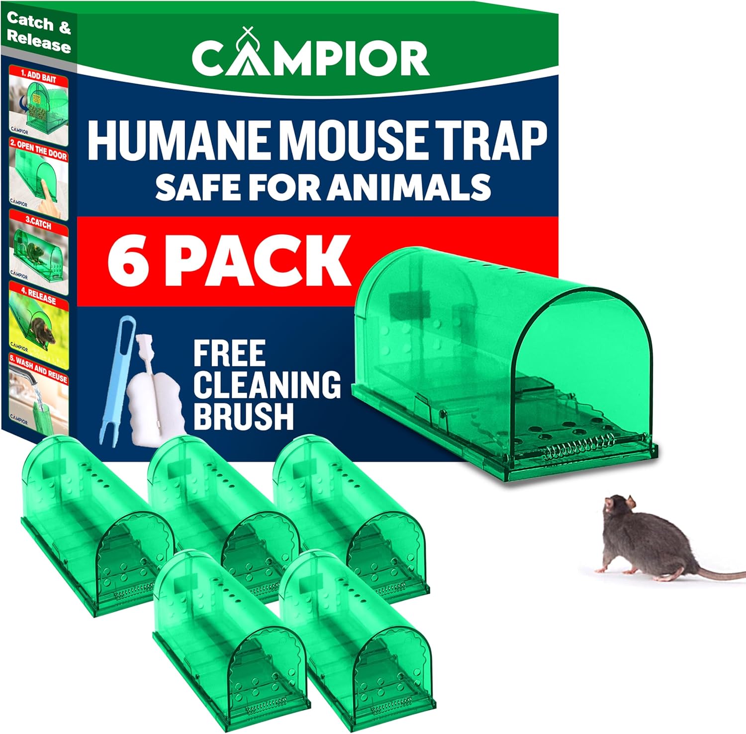 Campior Humane No-Kill Mouse Trap, Large, Indoor, Child \u0026 Pet Safe, Easy to Clean, 6-Pack, Green